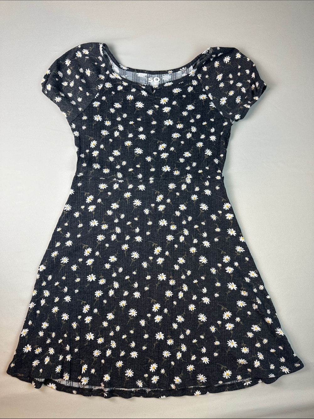 SO Girls Dress Black Floral Daisy Fit-and-Flare XL Short Sleeve